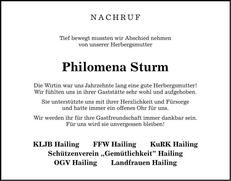 Traueranzeige Philomena Sturm