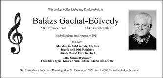 Traueranzeige Balázs Gachal-Eölvedy