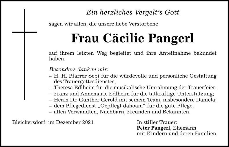 Traueranzeige Cäcilie Pangerl