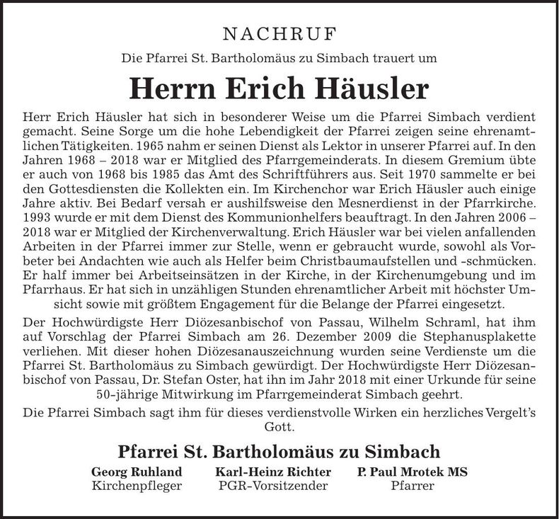 Traueranzeige Erich Häusler