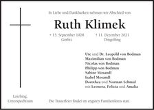 Traueranzeige Ruth Klimek
