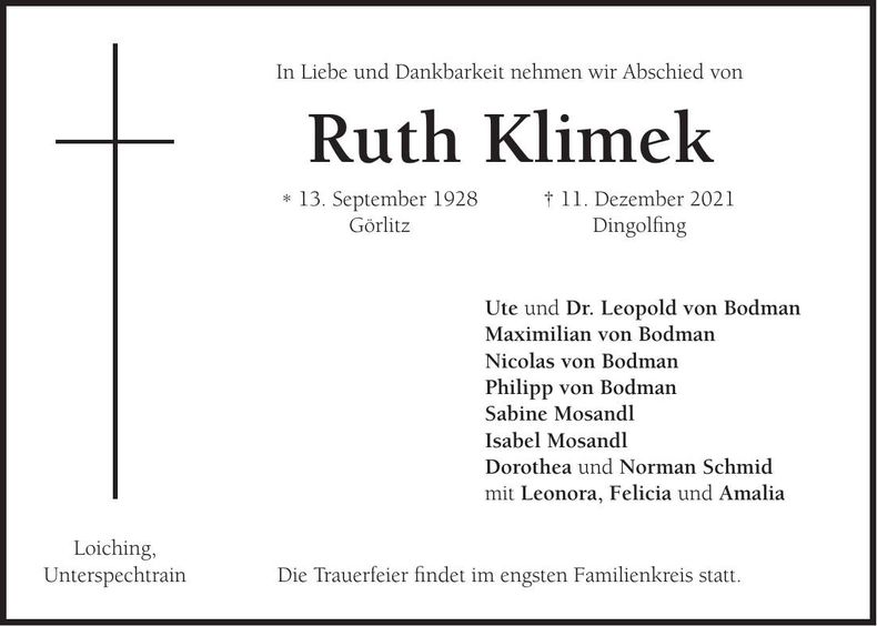 Traueranzeige Ruth Klimek
