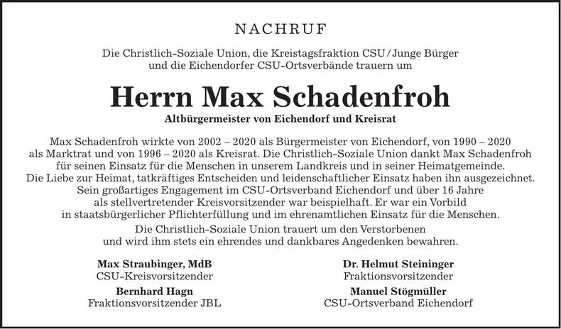 Traueranzeige Max Schadenfroh