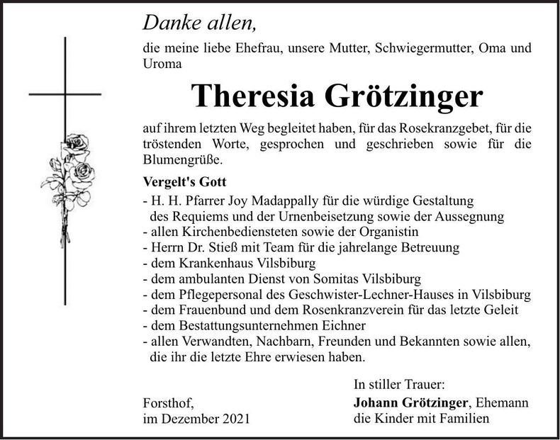 Traueranzeige Theresia Grötzinger