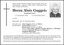 Traueranzeige Alois Guggeis
