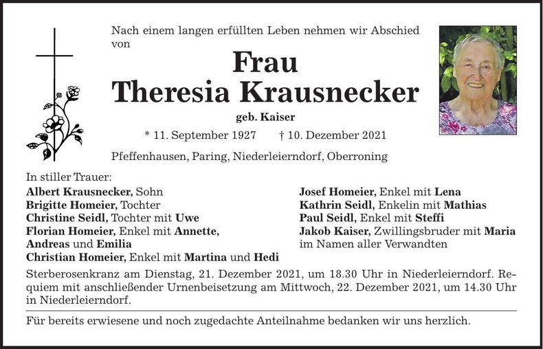 Traueranzeige Theresia Krausnecker