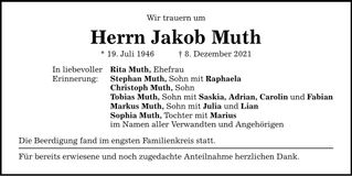 Traueranzeige Jakob Muth