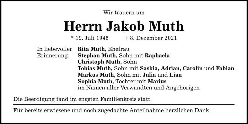 Traueranzeige Jakob Muth