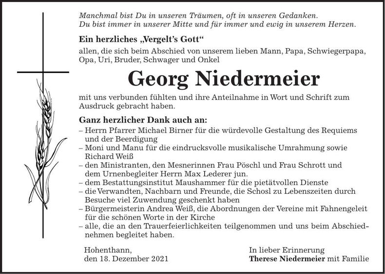 Traueranzeige Georg Niedermeier