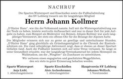 Traueranzeige Johann Kollmer