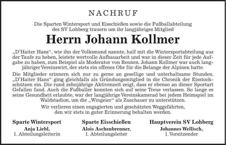 Traueranzeige Johann Kollmer