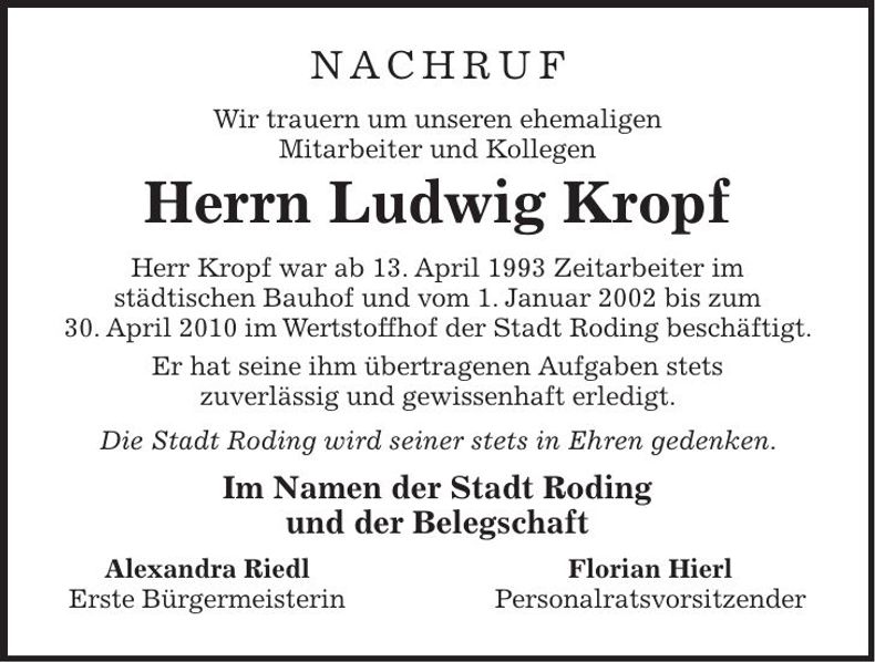 Traueranzeige Ludwig Kropf