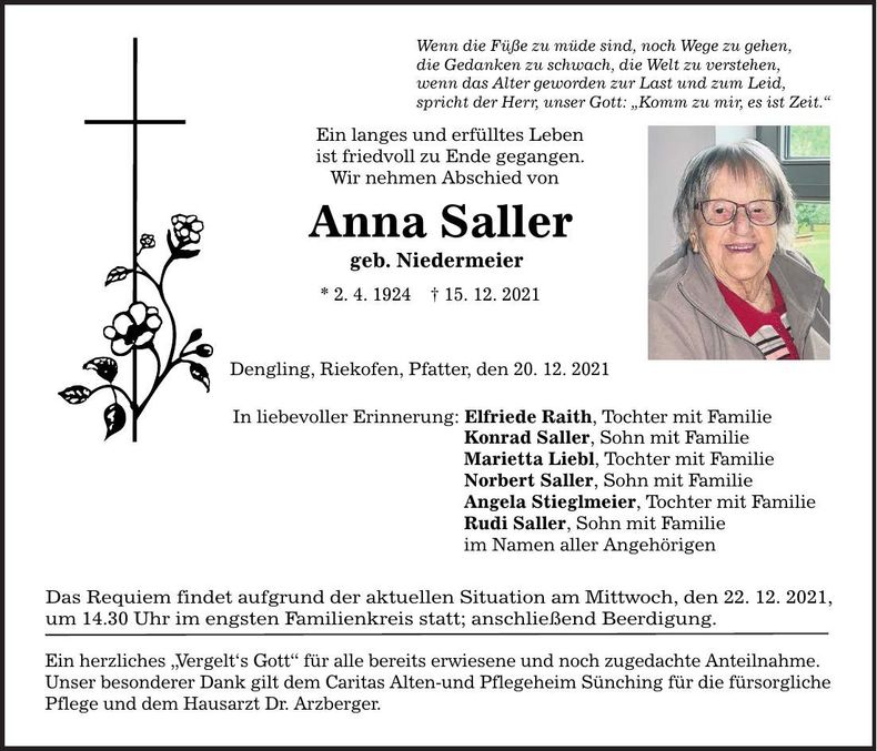 Traueranzeige Anna Saller
