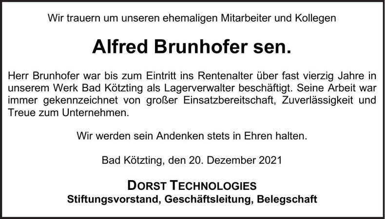 Traueranzeige Alfred Brunnhofer