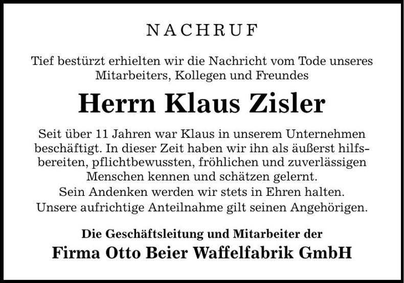 Traueranzeige Klaus Zisler