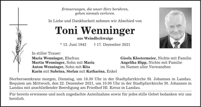 Traueranzeige Toni Wenninger