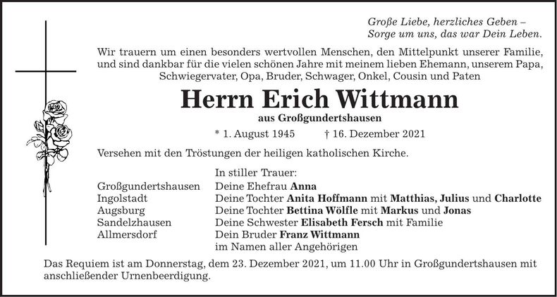 Traueranzeige Erich Wittmann