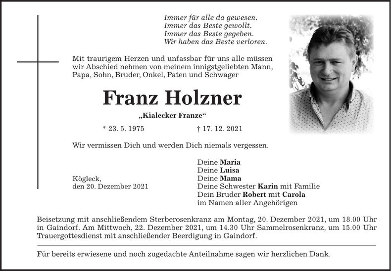 Traueranzeige Franz Holzner