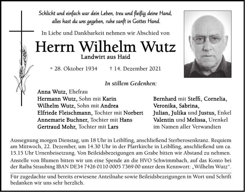 Traueranzeige Wilhelm Wutz