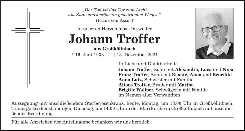 Traueranzeige Johann Troffer