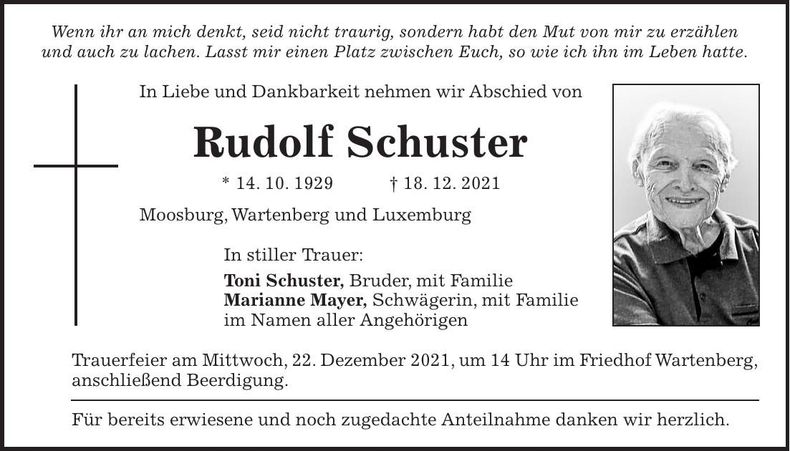 Traueranzeige Rudolf Schuster