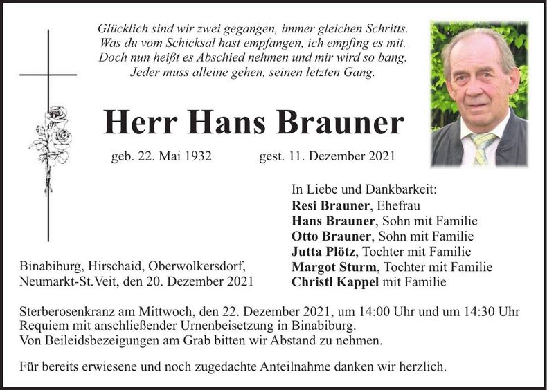 Traueranzeige Hans Brauner
