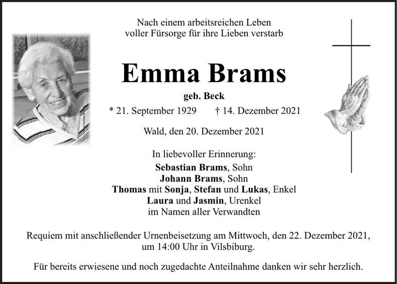 Traueranzeige Emma Brams