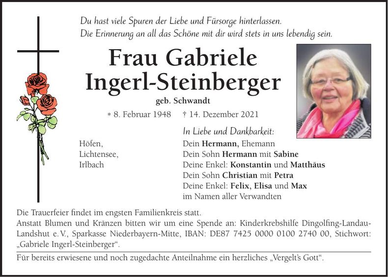 Traueranzeige Gabriele Ingerl-Steinberger