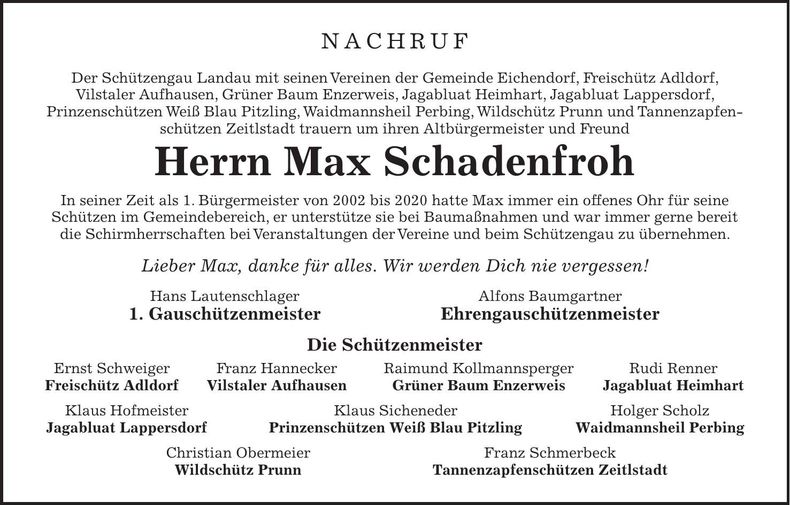 Traueranzeige Max Schadenfroh