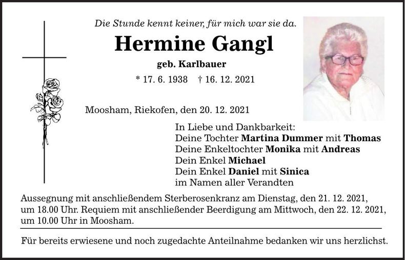 Traueranzeige Hermine Gangl
