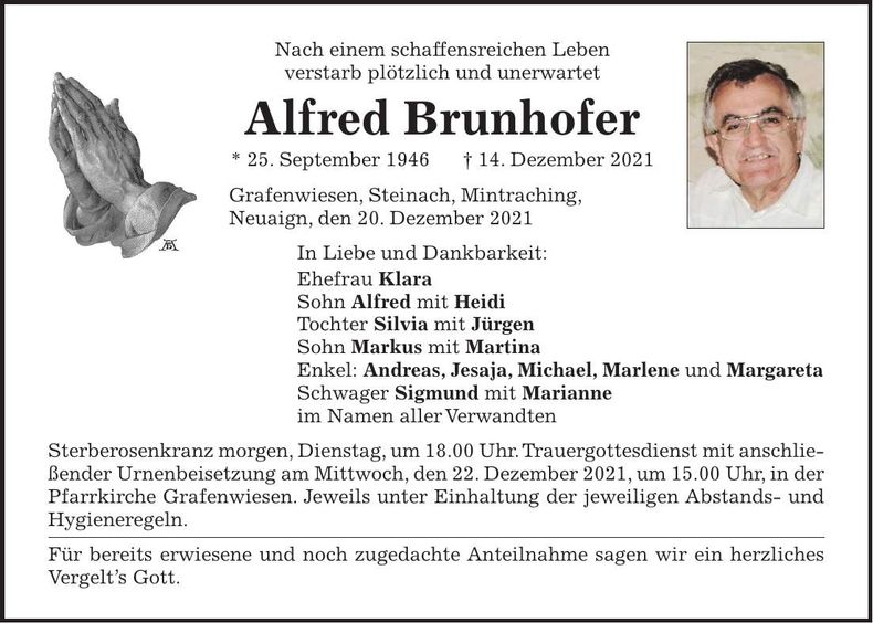 Traueranzeige Alfred Brunhofer