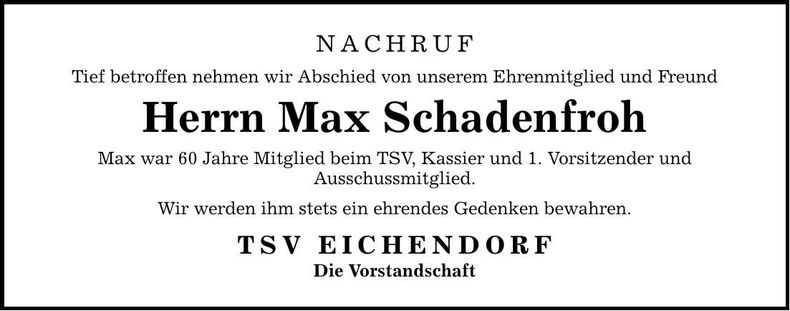 Traueranzeige Max Schadenfroh
