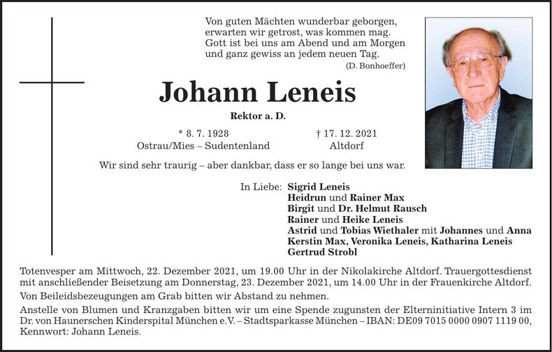 Traueranzeige Johann Leneis