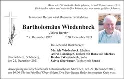 Traueranzeige Bartholomäus Wiedenbeck