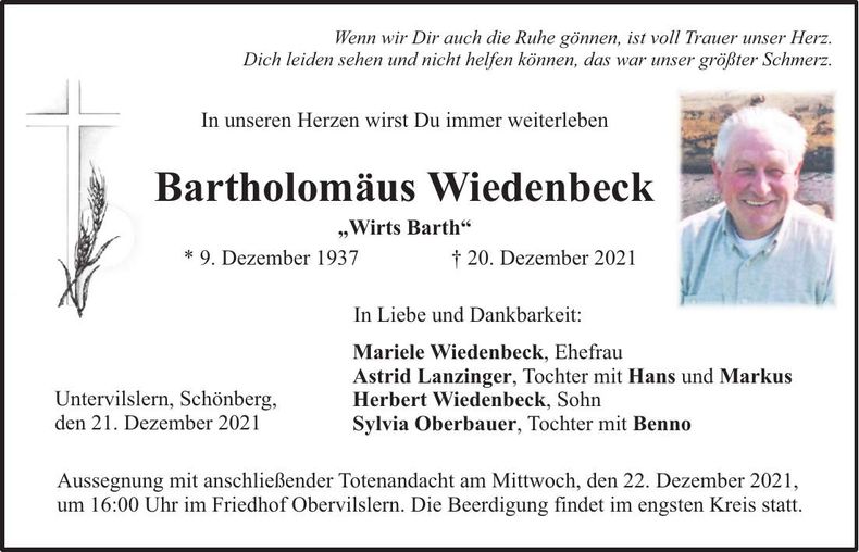 Traueranzeige Bartholomäus Wiedenbeck