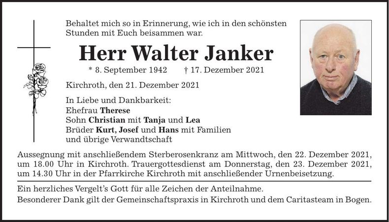 Traueranzeige Walter Janker