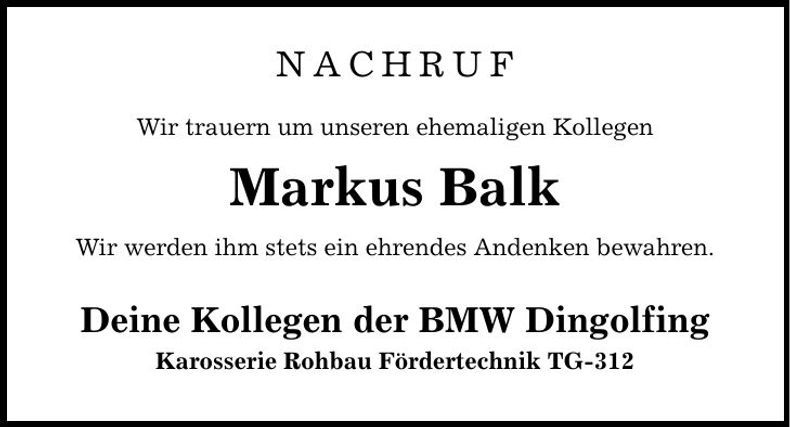 Traueranzeige Markus Balk