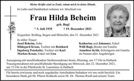 Traueranzeige Hilda Beheim