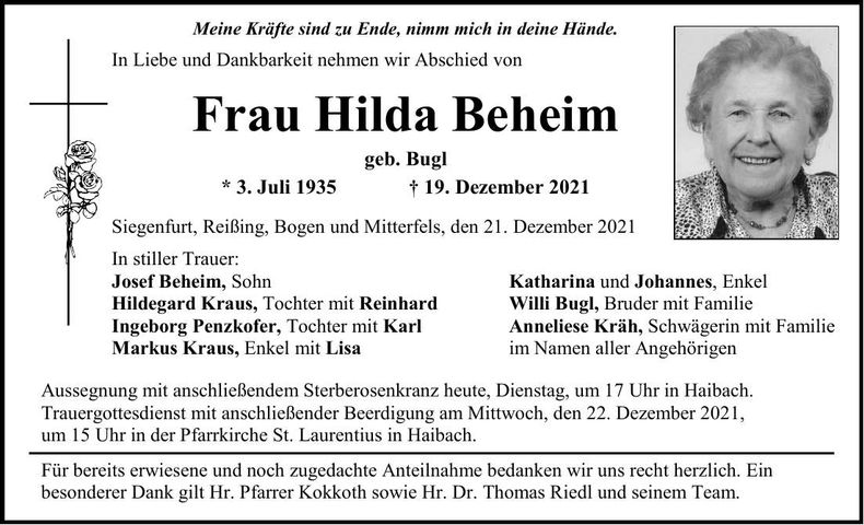 Traueranzeige Hilda Beheim