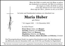 Traueranzeige Maria Huber