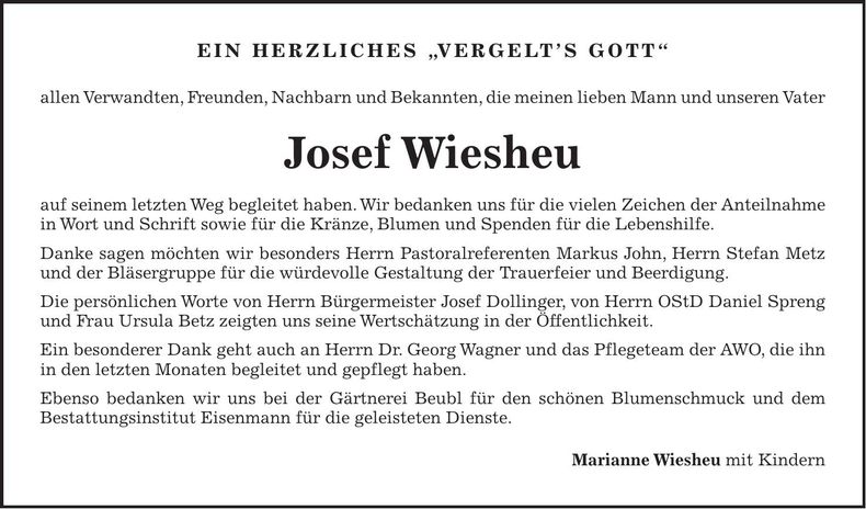 Traueranzeige Josef Wiesheu