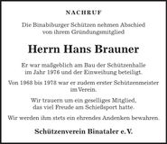 Traueranzeige Johann Brauner