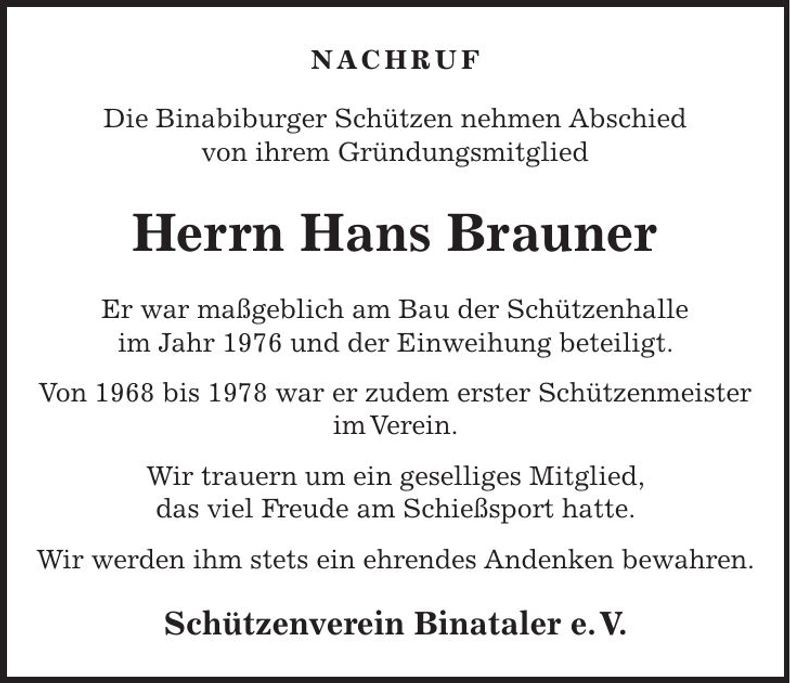 Traueranzeige Johann Brauner