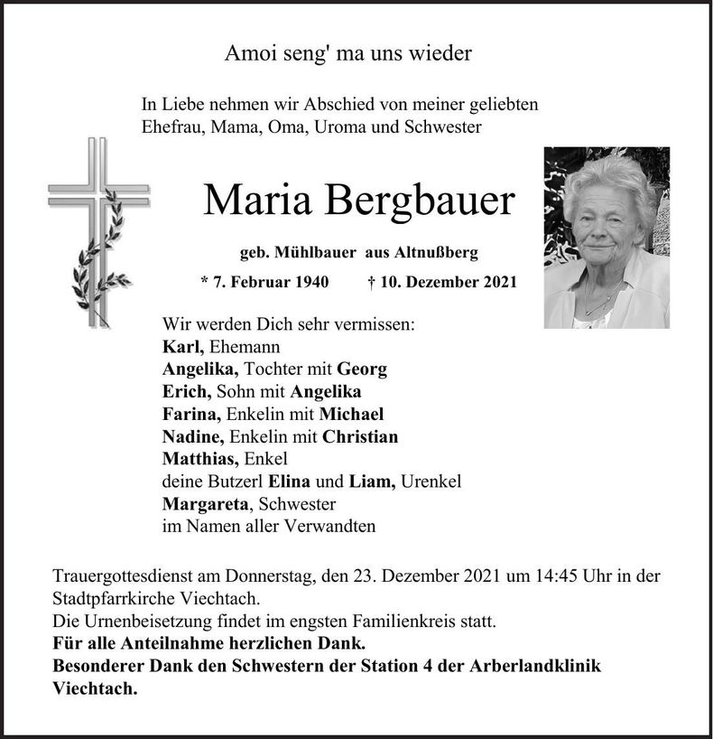 Traueranzeige Maria Bergbauer