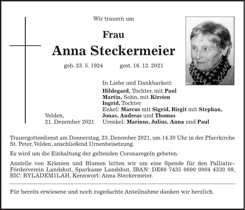 Traueranzeige Anna Steckermeier