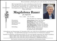 Traueranzeige Magdalena Bauer
