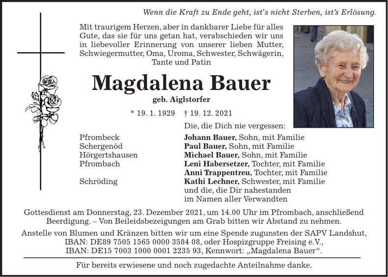 Traueranzeige Magdalena Bauer