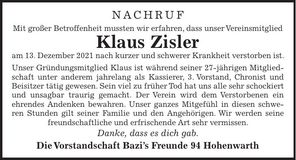 Traueranzeige Klaus Zisler