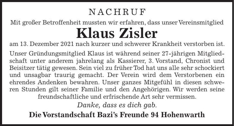 Traueranzeige Klaus Zisler