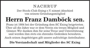 Traueranzeige Franz Damböck